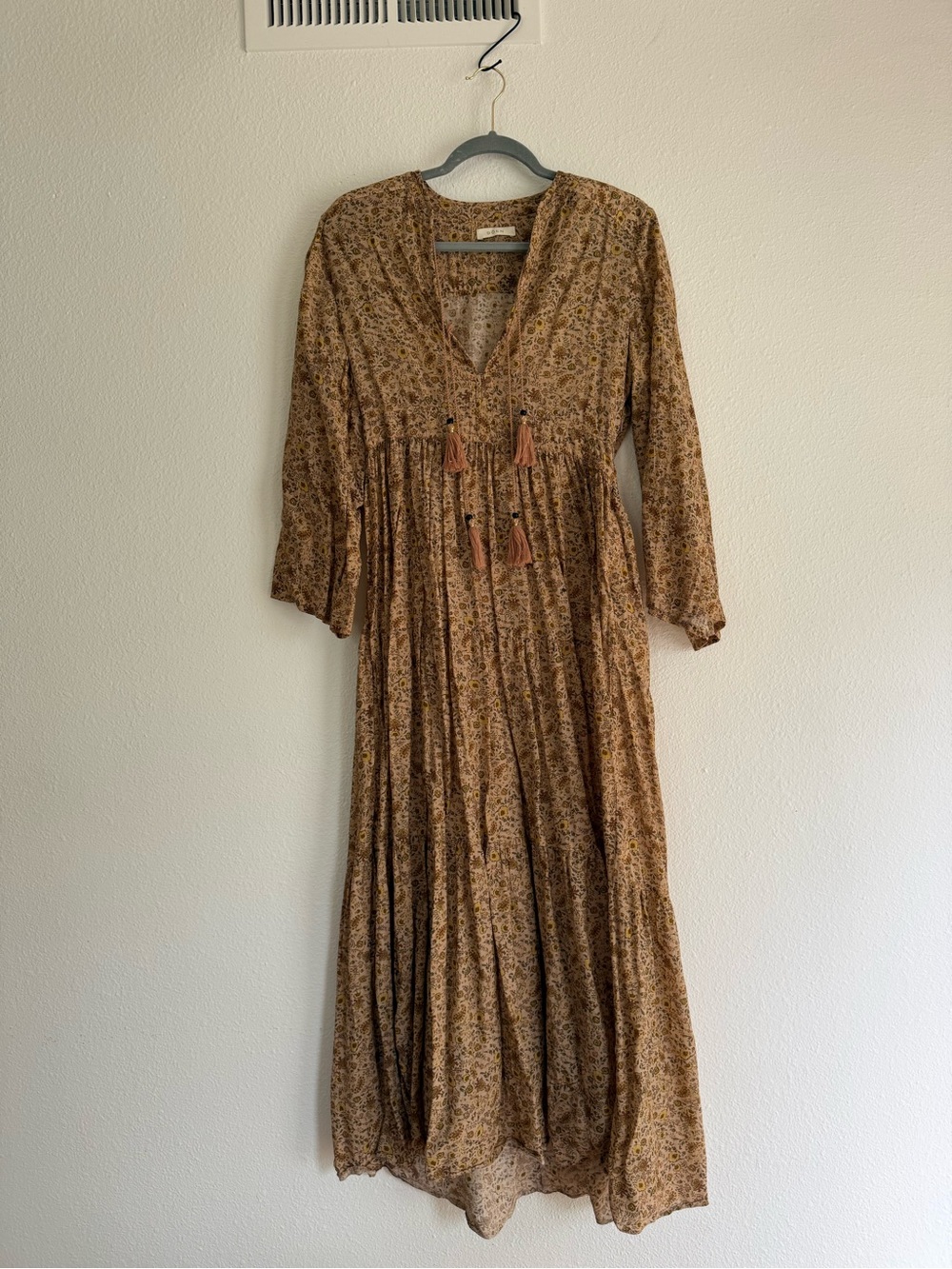 Doen Brown Floral Midi Dress with Tassel Ties